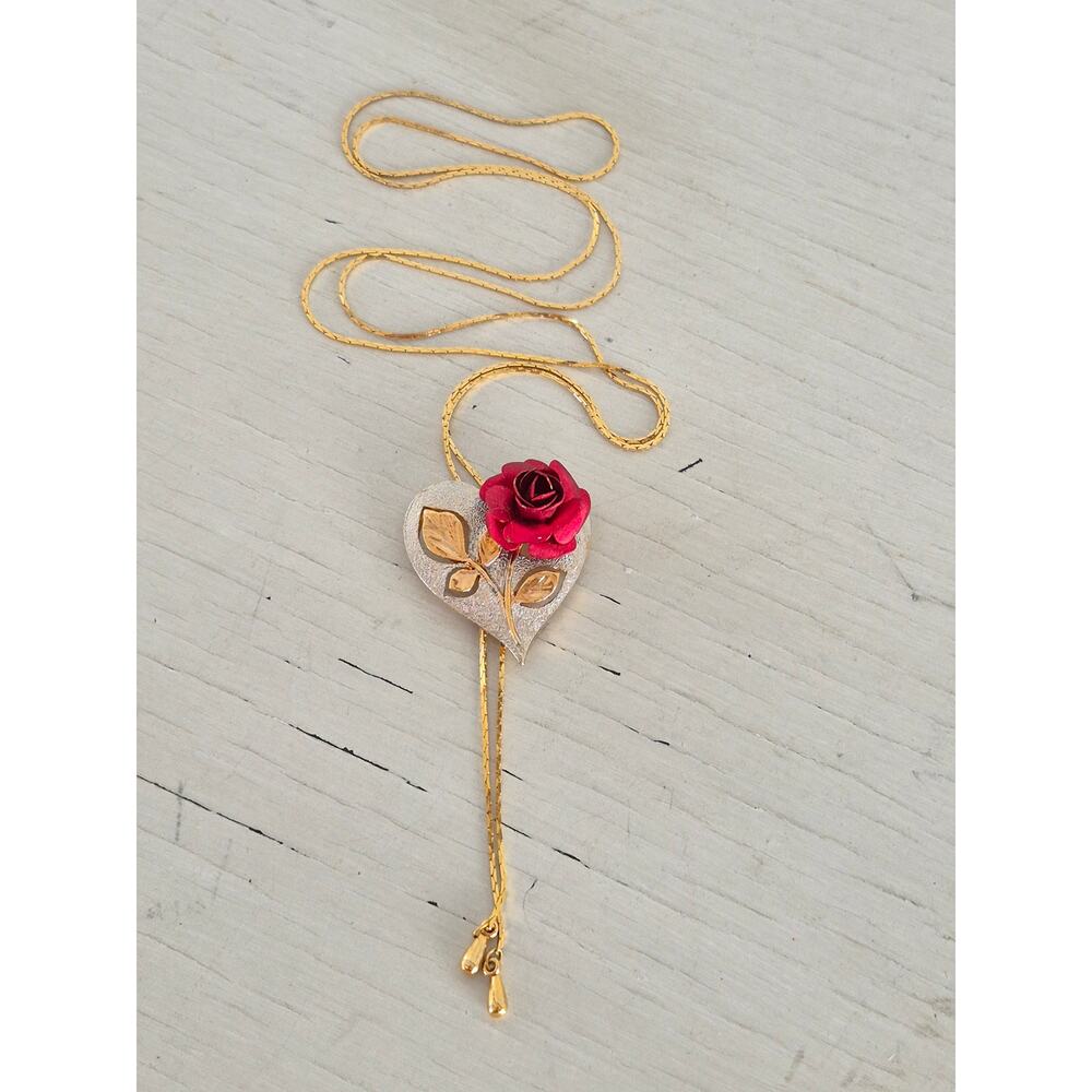 Vintage Silver and Gold-tone Red Rose Lariat Bolero Necklace